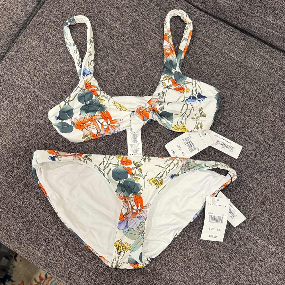 NWT Vitamin A White Floral Bikini with Orange, Green Accents Size 6/S